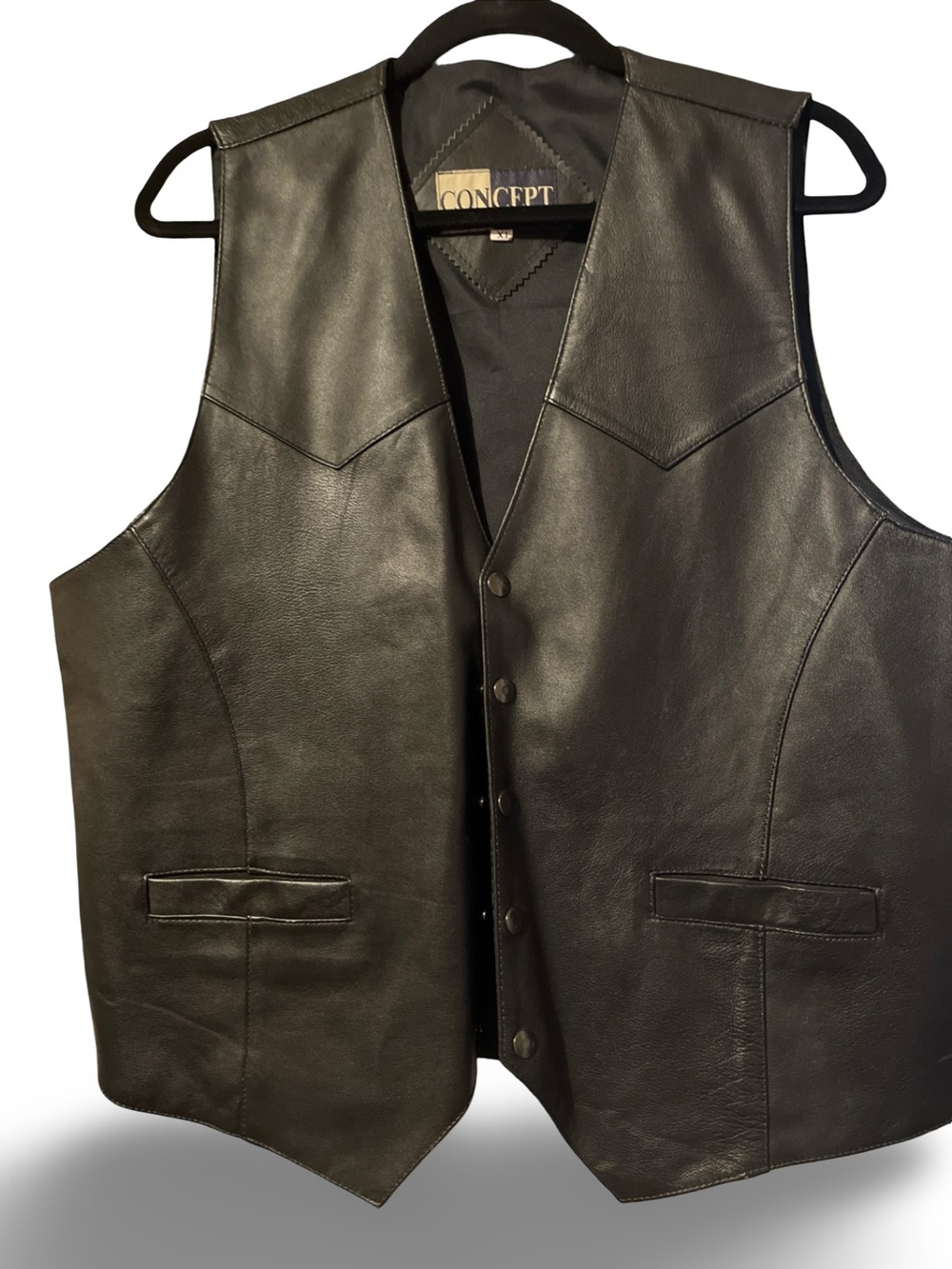 Black Leather Vest - Button Front Biker Style